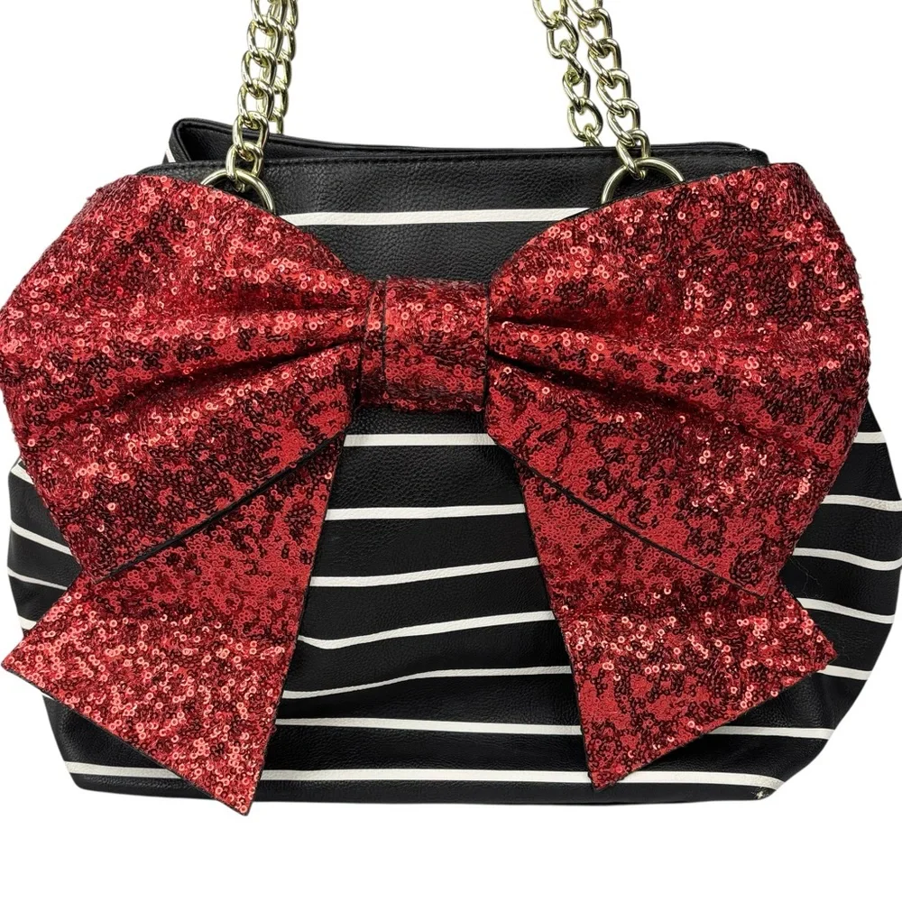Betsey Johnson Black & White Stripe Red Sequin Glitter Bow Snap Close Tote Purse - Picture 13 of 13